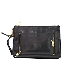 Milly Black Leather Gold Zip Clutch Wristlet Quiet Luxury Minimalist Bag